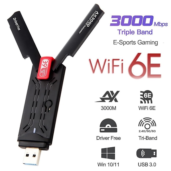 3000 Mbps WiFi-adapter WiFi 6E USB 3.0 nettverkskort AX3000 Tri-band 2.4G 5G 6G Wifi-mottaker Dongle for Windows 10 11 Driverfri
