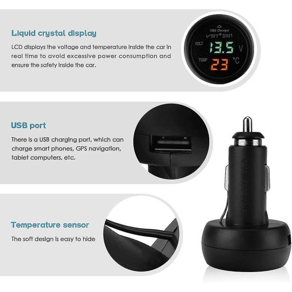 Bilvoltmätare, 3 i 1 12-24v bil bil USB laddare voltmeter med digital LCD display panel Temperatur testare spänningsmätare för bilar och tr