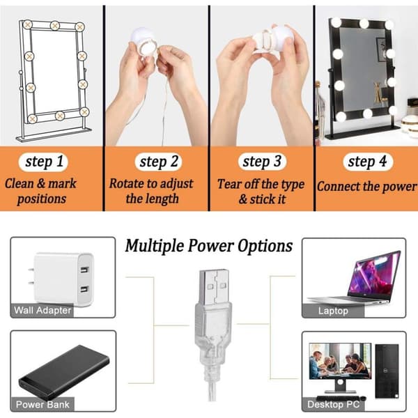 10LED Hollywood Makeup Spejllys USB, 3 tilstande 10 dæmpbare niveauer (spejl ekskluderet)