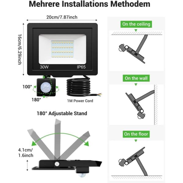 30W 3000LM IP65 Bevegelsessensor Flomlys 6500K Kjølig Hvit