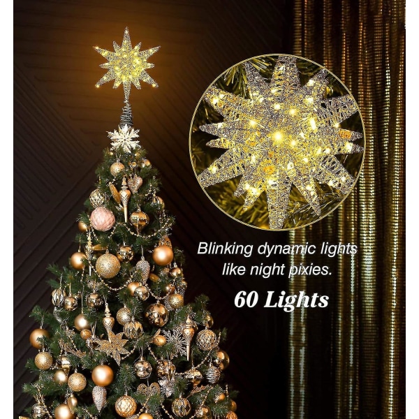 60 st ledlampor metallstjärna topp julgran 3d stjärnform träd topp julgran dekoration guld