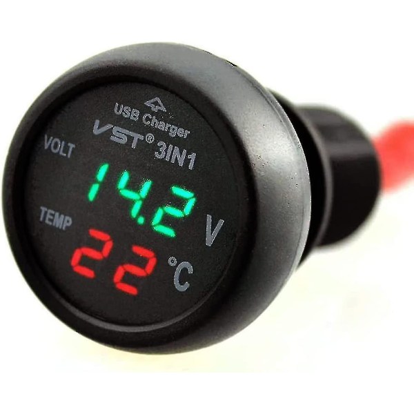 Bilvoltmeter, 3 i 1 12-24v bil bil usb oplader voltmeter med digitalt LCD display panel Temperatur tester spændingsmåler til biler og tr