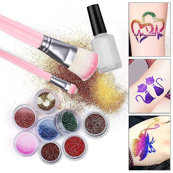 Väliaikaiset Glitter-tatuointisettit lapsille, 24 suurta glitter-väriä kehon glitter-festivaaliin ja juhliin, 5 siveltimellä ja 2 liimalla