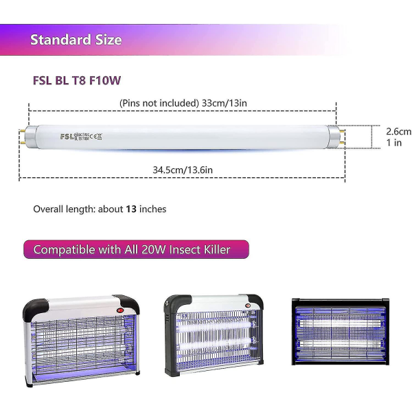 Fsl T8 F10w Bl Erstatningspære for myggdreperlampe, 34,5 cm Uv-rør for 20w myggdreper/insektdreper(2stk)