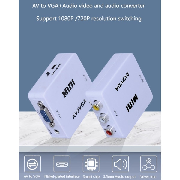 Av (rca) til Vga Audio Video Converter, understøtter opløsning 1080p /720p, med 3,5 Mm Audio Audio Input