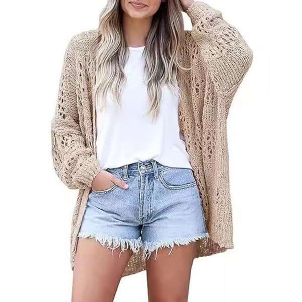 Virkat kofta, kimono, bohemisk, långärmad, lätt, mjuk, oversized Brun M