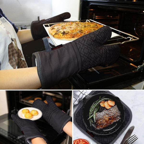 Set med ugnsvantar och grytlappar - 4-delat set med svarta matlagningshandskar och grytlappar i silikon