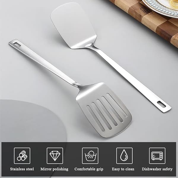 Spatelset i rostfritt stål, silver spatel, solid vändare, köksspatel för non-stick kokkärl, diskmaskinssäker, lätt att rengöra