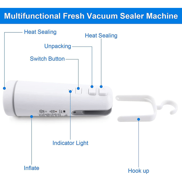 Multifunktionel Miniposeforsegler, 4 i 1 Mini Varmeforsegler Håndholdt Vakuumforsegler Bærbar Forseglingsmaskine med Cutter Inflator Sealer Frisk Pose Madopbevaring