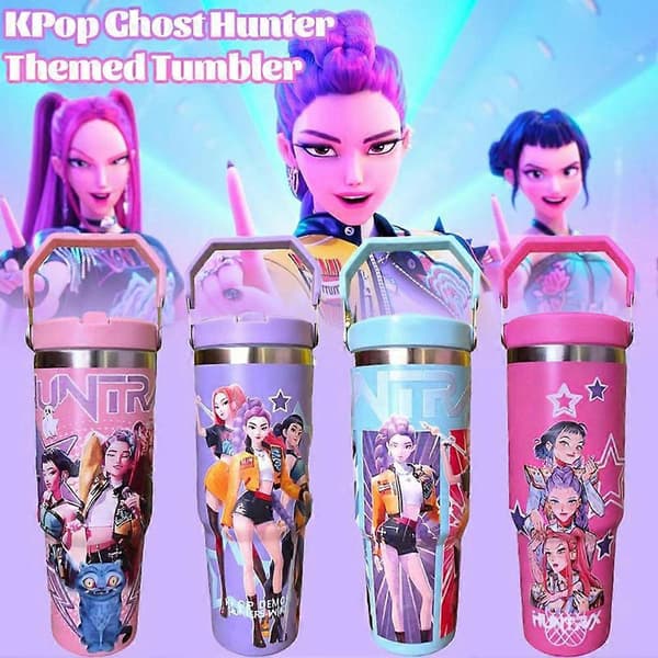 K-Pop Ghost Hunter Isolerad Mugg med Lock och Sugrör - 30oz Rostfri Stålmugg, Barnstorlek Blue