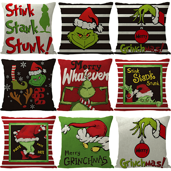 45x45cm Juleputetrekk med Grinch-motiv til julepynt, sofa, seng og bil 10