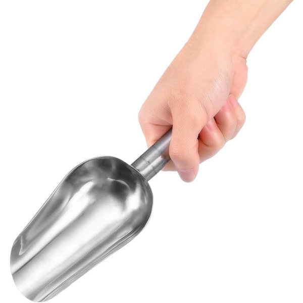 Multifunktionel scoop i rustfrit stål til dit kæledyrs foder, tørvarer, slik, popcorn og krydderier