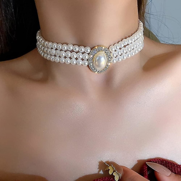 3-lags delikate rhinestone-perler Stubby 1920-talls halskjede lagdelt halskjede anheng for kvinner og jenter Prom Party