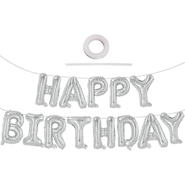 Silver Happy Birthday Balloon Banner, 16 inch letter logo reusable birthday decoration party supplies