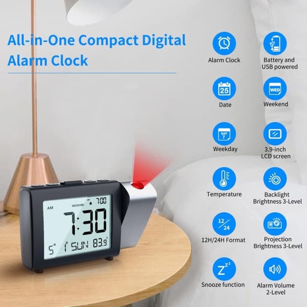 Projektionsväckarklocka LCD Tid/Temp/Datum 12/24H Dimbar