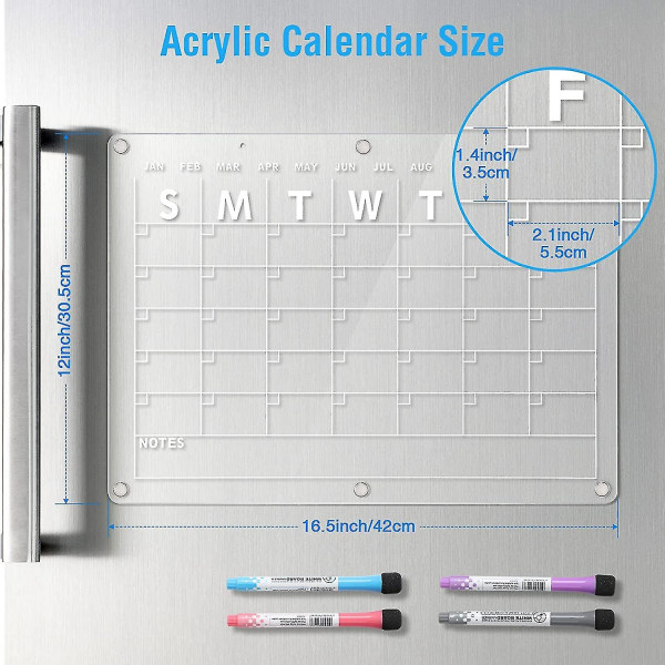 Akryl magnetisk whiteboard-kalender for kjøleskap, 16,5\"x12\" tommer gjennomsiktig whiteboard-kalender for kjøleskap, magnetisk planleggingskalender inkluderer 4