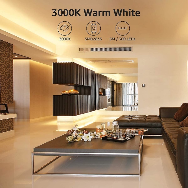 5m varmvit LED-remsa, 300 SMD 2835 3000K självhäftande LED-remsa, 18W 1200lm LED-strip-ljus för sovrum, tak, showcase(12V power Inte I