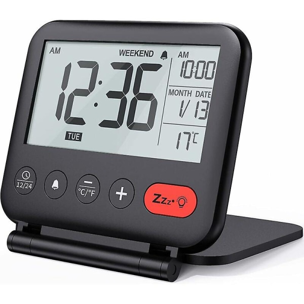 Reseväckarklocka Mini Bärbar digital LCD-klocka med bakgrundsbelyst kalender 12/24h Temperatur Sminkspegel Liten hopfällbar skrivbordsklocka Batteridriven 92