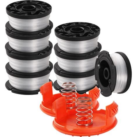 Black & Decker trimmerlinjespole. 8 spoler med 2 dæksler og 2 fjedre, kompatible og holdbare.