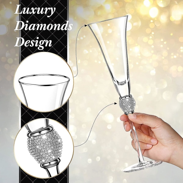 2 kpl tekojalokivi samppanjalasit hääpaahtolasit timanttilasit pitkävartiset lasit häihin, juhliin, vuosipäiviin (hopea)