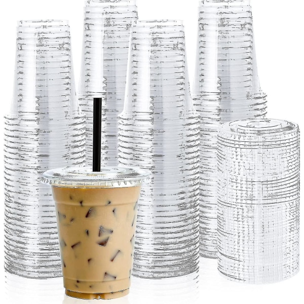 100 sæt 12 oz klare plastikkopper med flade låg - engangsdrikkekopper til iskaffe, smoothie, slurpee eller kolde drikke