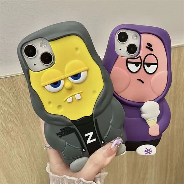 Denne epledukken er for iPhone-deksler og har et SpongeBob SquarePants-tegneseriedesign. Patrick Star iPhone 15 Plus