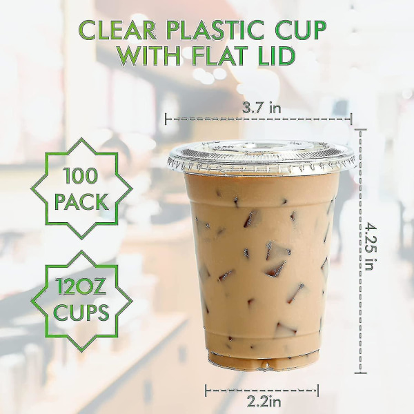 100 uppsättningar av 12 oz klara plastmuggar med platta lock - engångsdricksmuggar för iskaffe, smoothie, slurpee eller kalla drycker