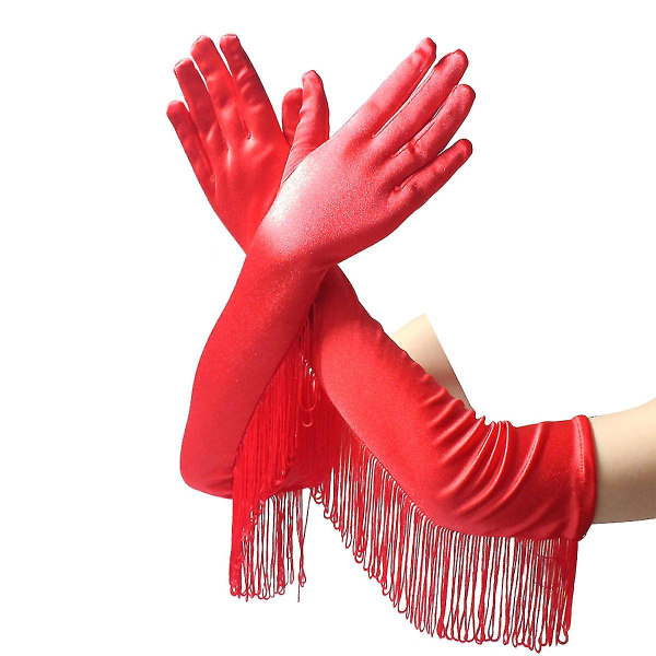 Naisten fringed pitkät satiinikäsineet Latin Dance Gloves For Performance Red