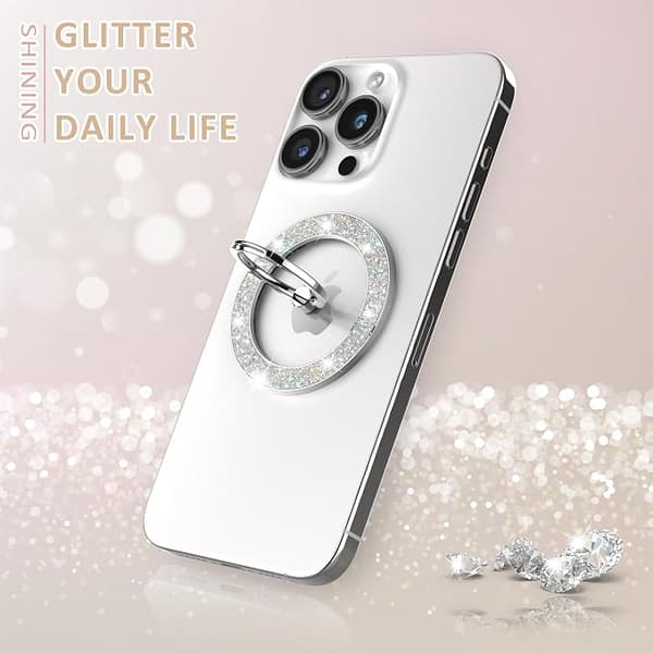 Diamantglitter Magnetisk Telefonringholder, Sammenleggbart Skrivebordsstativ for iPhone Android Universell Bruk silver