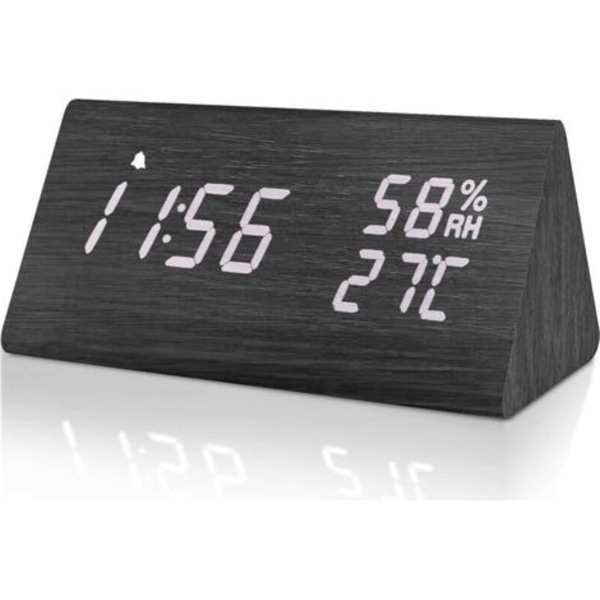 Trä Tyst LED-klocka Dimbar Snooze Temp&Luftfuktighet USB-driven