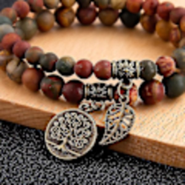 Damearmbånd - Helbredende krystalarmbånd til kvinder, naturlige ædelstens Yoga Reiki-armbånd - Sæt med dobbelte armbånd (2 stk., Brun...