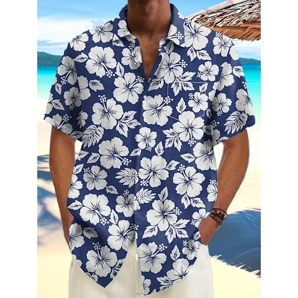 Sininen kukallinen miesten slim fit Havaiji-paita rantajuhliin kesän rentoon Havaiji-tyyliin XL