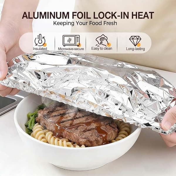 100-pack engångsskålar i aluminiumfolie, elastiska stretchiga silverfolielock för matskålar, tallrikar, värmebevarande