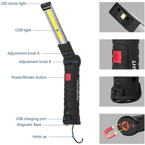 LED-batteridriven uppladdningsbar ficklampa, ljus inspektionslampa ficklampa arbetslampa mekanikerverktyg med magnetfot och krok för camping jul födelse