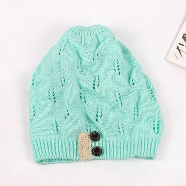 Strikket ullhatt med hule blader, blondeknapper, varm hatt for kvinner, pullover-beret Green