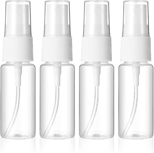 Set med 4 transparenta 20 ml minisprayflaskor – plast, tomma flaskor – lämpliga för resor, kosmetika, rengöring och kroppsvård