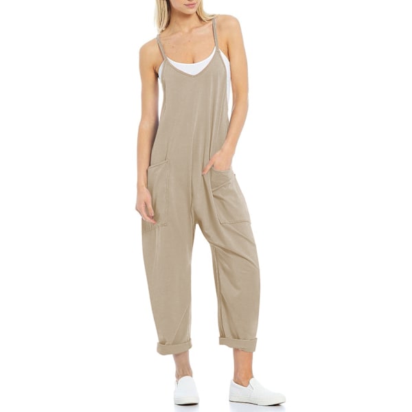 EFAN Dame Casual Sommer Ermeløs Jumpsuit Lang Løs Passform Bodysuit med Lommer - Khaki Størrelse M