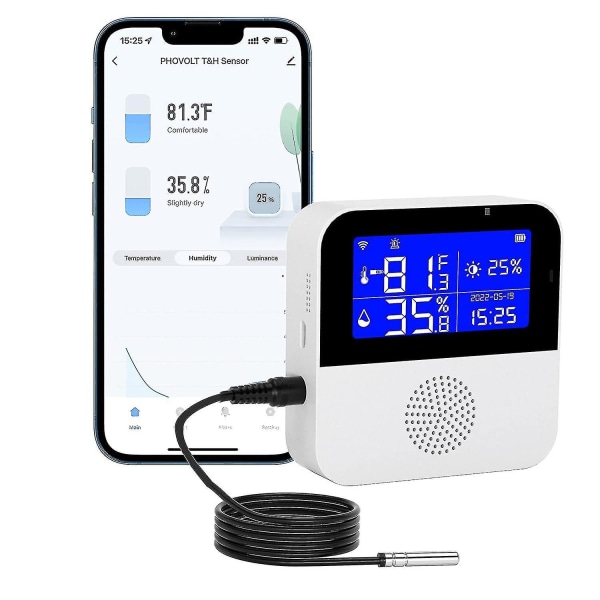 Wifi Hygrometer Termometersensor med extern sond, trådlös digital temperatur- och luftfuktighetsmonitor Realtidssynkroniseringsuppdatering, med bakgrundsbelysning LCD, buzz