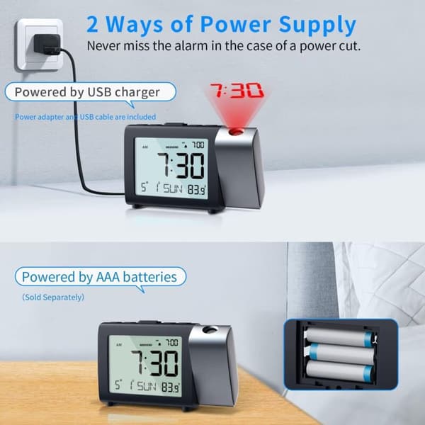 Projektionsväckarklocka LCD Tid/Temp/Datum 12/24H Dimbar