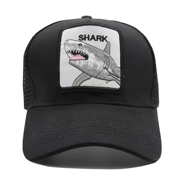 Broderet Mesh Hat med Dyreprint - Snapback - Sort Haj