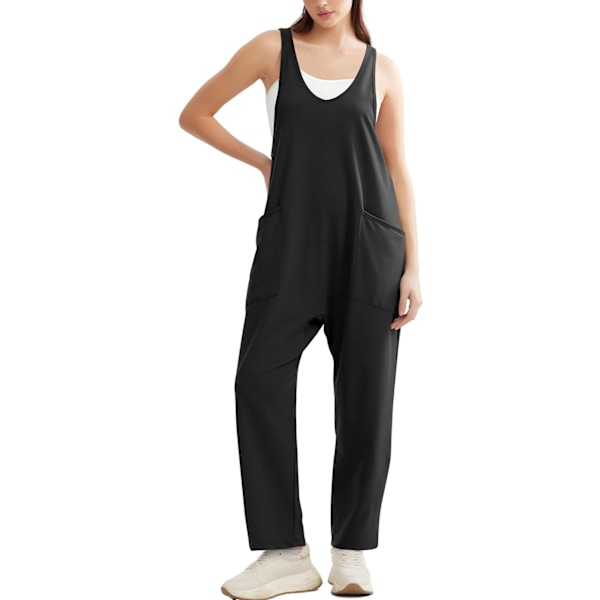 Damkläder Sommar Casual Lös Lång Overall Jumpsuit Romper Lös Jumpsuit med Fickor Svart 2XL