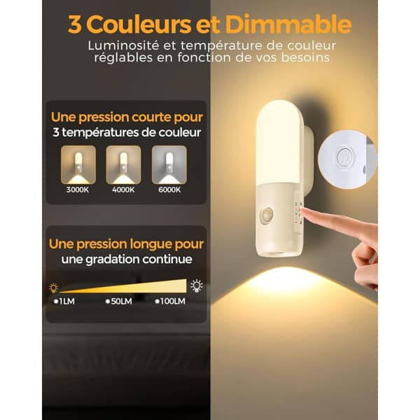2-pakning 2000mAh bevegelsessensor nattlys, 3000K-6000K dimbar innendørslampe