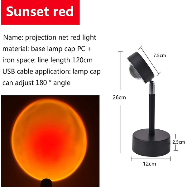 Auringonlaskuvalo, 90 astetta kääntyvä auringonlaskun projektiovalo, verkkopunainen valo USB modernilla lattiavalaisimen yövalolla