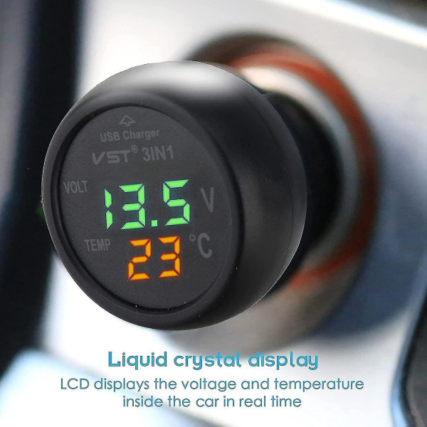 Bilvoltmeter, 3 i 1 12-24v bil bil usb oplader voltmeter med digitalt LCD display panel Temperatur tester spændingsmåler til biler og tr