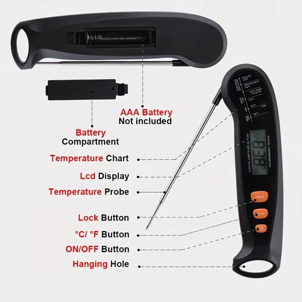 Sammenleggbart digitalt mattermometer med sonde, BBQ- og baketermometer med bakgrunnsbelysning og maks/min-registrering