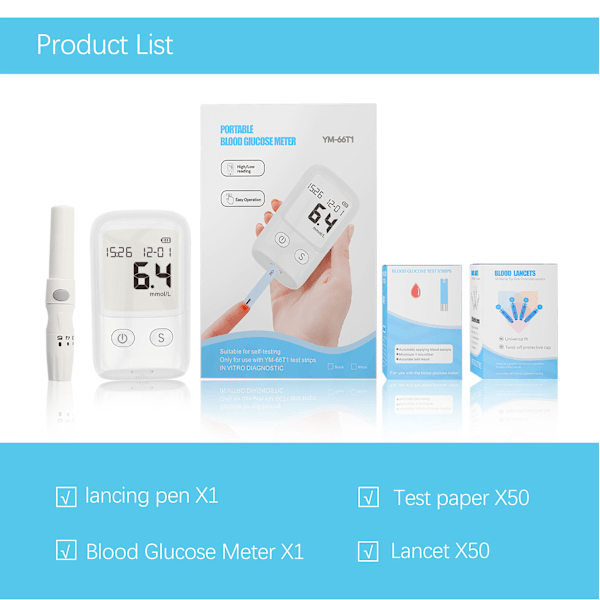 Hemoglobinmätare Hemoglobin Testkit Glucometer Mäter Blodsocker, 50 Test