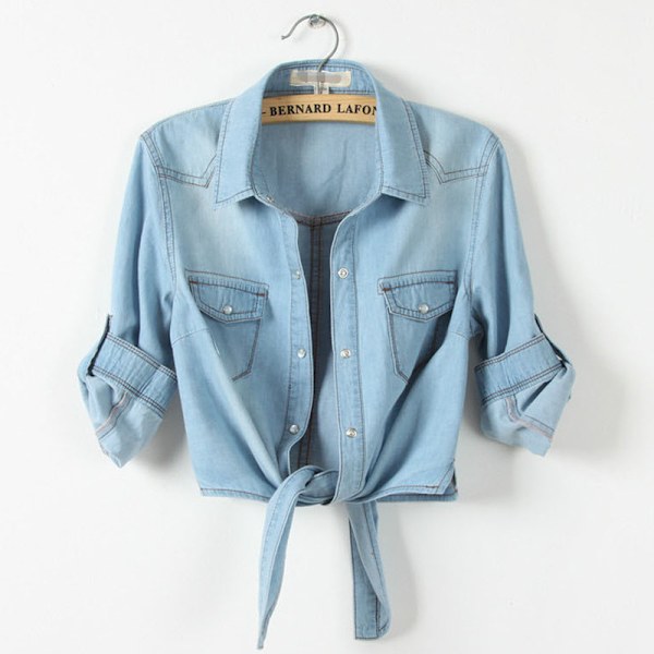 Dammode Casual Trekvartsärm Knäppt Croppad Denimtopp Knuten Denimskjorta Jacka Himmelsblå M