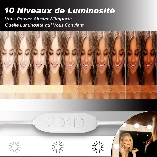 10 led spegelljus, sminkspegelljus, dimbar sminkspegel för badrumsspegel, 3 färger, 10 ljusstyrkenivåersaa