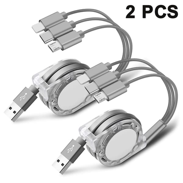 2 stk. for Apple/Android/Type-c Ladekabel 3 i 1 Uttrekkbart Datakabel Mobiltelefon Uttrekkbart Ladekabel, Grå