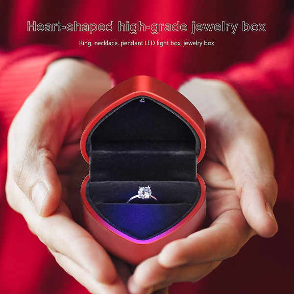 Sammetsringlåda, hjärtformad ringlåda med ledljus smyckeskrin för bröllop, erbjudande, förlovning